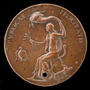 Felicitas sittende, holder korn og vinkende overflødighetshorn [omvendt], 1494 eller før.