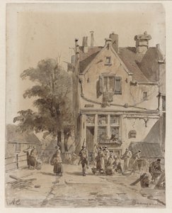 Utsikt over en bro over Baangracht i Amsterdam, med matleverandører Baangracht (tittel på objekt) av Adrianus Eversen