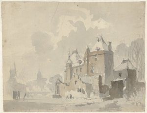 Utsikt over et tenkt(?) slott nær en by av Adrianus Eversen
