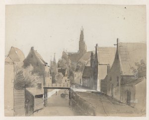 Utsikt over en kanal i Haarlem, i bakgrunnen St. Bavo Haarlem (tittel på objekt) av Adrianus Eversen
