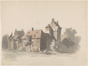 Utsikt over en gruppe hus med en byport(?) av Adrianus Eversen