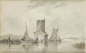 Elvelandskap med tårn av Adrianus Eversen