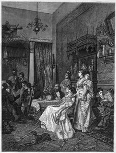 Amatørkonsert i en artists studio. Gravering etter maleriet av Adrien Moreau (1843-1906) i "The Illustrous Universe"" av Adrien (after) Moreau