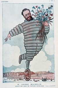 Tegneserie av Andre Michelin og Bibendum - Illustrasjon av Adrien Barrere (1877-1931) i "Fantasio" fra 01.07.1923