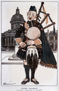 Tegneserie i akademiker av André Maurois (pseudonym for Emile Herzog), fransk romanforfatter, essayist og historiker (1885-1967) - av Barrère, i "" Fantasio""" av 15.04.1929 av Adrien Barrere