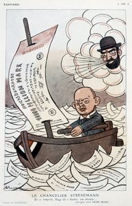 Tegneserie om den tyske kansleren Gustav Stresemann (1878-1929) og devalueringen av merket - Illustrasjon av Adrien Barrere (1877-1931) i "" Fantasio""" av 01.11.1923