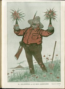 Illustrasjon av A Barrere (1874-1931) i "" Fantasio""", 01/06/15 - Mr. Salandra or the Good Gardener - War of 14 -18, Italia, Vin, Nøytralitet, Blomster, Vulkanutbrudd, Styreleder for rådet, Trieste - Salandra Antonio av Adrien Barrere