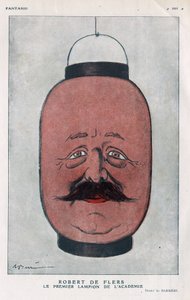 Robert Pelleve de La Motte-Ango (Motte Ango), Marquis de Flers, fransk dramatiker (1872-1927). (Akademiets første lykt). Tegneserie av Barrere i "" Fantasio"" fra juni 1921. av Adrien Barrere