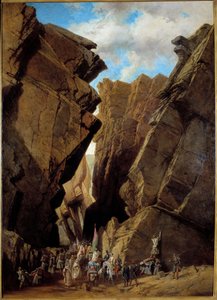 Fransk kolonisering av Algerie: "" passasjen av Jernporten i Algerie den 28/10/1839"" Den franske ekspedisjonen, kommandert av hertugen av Orleans i 1839, krysser passasjen til Bibans. Maleri av Adrien Dauzats (1804-1868) 1869 Søn. 1,46x1,05 m Orlea