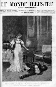 The Death of Scarpia (Monsier Berton), illustrasjon av akt 4 av 'Tosca' med Sarah Bernhardt som La Tosca, cover av 'Le monde Illustre' av Adrien Emmanuel (after) Marie