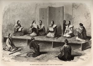 Et krigsråd i Edo (dagens Tokyo), som samler offiserene fra taicounen (leder av den tidsmessige makten) for å møte et opprør fra daimios (eller daimyos: japansk adel) rett før meiji-restaureringen (1868), gravering etter A.Marie