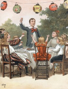 En ung gutt holder en tale, barn som klirrer i glass, illustrasjon av Adrien Marie i boken Tout a la joie av Zari, Emile Guerin publikasjon 1890 av Adrien Emmanuel Marie