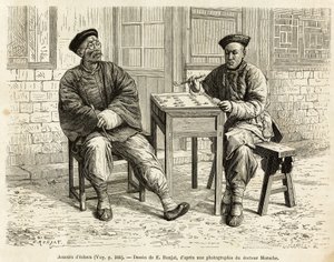 Sjakkspillere. Gravering etter A.Maries tegning, for å illustrere reisen til Pekin og Nord-Kina, av T.Choutze, i 1873, publisert i “” Le tour du monde””” 1876, redigert av Edouard Charton, utgave Hachette, Paris. Selva samling. av Adrien Emmanuel Marie