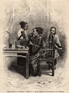 Kinesisk dame har toalettet sitt. Gravering etter A.Maries tegning, for å illustrere reisen til Pekin og Nord-Kina, av T.Choutze, i 1873, publisert i “” Le tour du monde””” 1876, redigert av Edouard Charton, utgave Hachette, Paris. Selva samling. av Adrien Emmanuel Marie