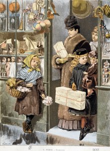 Stakkars jente som selger små buketter ved utgangen av en lekebutikk der rike mennesker kommer ut (shopper til jul?) - tegning av Adrien Marie av Adrien Emmanuel Marie