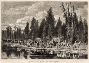 Hele det geografiske oppdraget, på vei til Mount Hayden, langs Henri-elven, gravert etter A.Maries tegning, som illustrerer et sett med geografiske oppdrag gjennom USAs nasjonalpark, fra 1870 til 1872, av herrene Hayden, Doane og Langford, pu av Adrien Emmanuel Marie