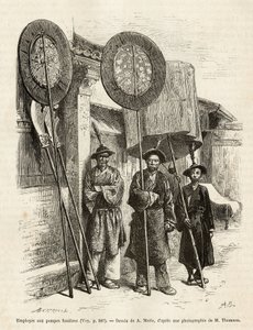 Tre begravelsesarbeidere i Pekin. Gravering etter A.Maries tegning, for å illustrere reisen til Pekin og Nord-Kina, av T.Choutze, i 1873, publisert i “” Le tour du monde””” 1876, redigert av Edouard Charton, utgave Hachette, Paris. Selva samling. av Adrien Emmanuel Marie