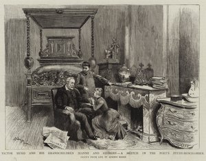 Victor Hugo og barnebarna hans Jeanne og Georges, en skisse i dikterens studie-sengekammer av Adrien Emmanuel Marie