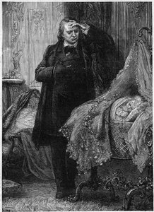 Victor Hugo observerer et barn som sover i sengen sin. Illustrasjon av "History of a Crime" av Victor Hugo (1802-1885). Illustrasjon av M. A. Marie