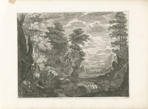 Foss med en by i bakgrunnen Fire landskap i Böhmen (serietittel) av Aegidius Sadeler (II) (attributed to)