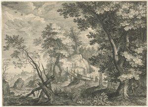 Skoglandskap med trebro Fjelllandskap fra Tyrol (serietittel) av Egidius  Sadeler (II)