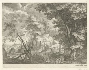 Skoglandskap med trebro Fjelllandskap fra Tyrol (serietittel) av Egidius  Sadeler (II)