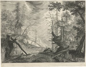 Tre jegere ved en elv i en skog Fjelllandskap fra Tyrol (serietittel) av Egidius  Sadeler (II)