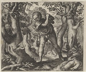Fabel om vedhoggeren og skogen av Egidius  Sadeler (II)