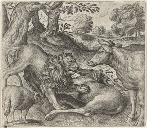 Fabel om løven, kua og sauen på jakt av Egidius  Sadeler (II)