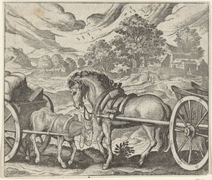 Fabel om den misfornøyde hesten og eselet av Egidius  Sadeler (II)