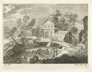 Inn og noen hus ved en bro Landskap fra Tyrol (serietittel) av Egidius  Sadeler (II)