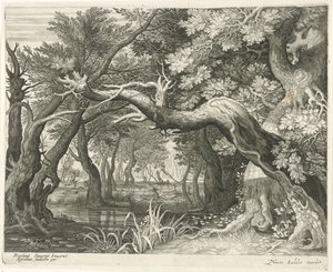 Hjortejakt ved et skogsvann Seks landskap (serietittel) av Egidius  Sadeler (II)
