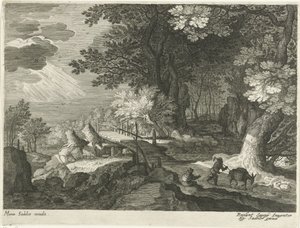Trebro i et skogslandskap Landskap fra Tyrol (serietittel) av Egidius  Sadeler (II)
