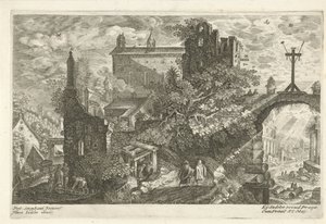 Trekors ved den gamle byporten Åtte landskap fra Böhmen (serietittel) av Egidius  Sadeler (II)