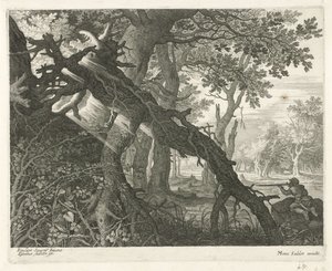 Kaninjakt i et skogslandskap Seks landskap (serietittel) av Egidius  Sadeler (II)