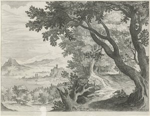 Landskap med to figurer under et tre av Egidius  Sadeler (II)