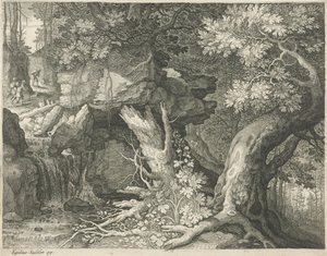 Reisende over en foss Seks landskap (serietittel) av Egidius  Sadeler (II)