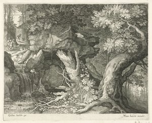 Reisende over en foss Seks landskap (serietittel) av Egidius  Sadeler (II)