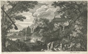Elvelandskap med fiskere og arbeidere Åtte landskap i Böhmen (serietittel) av Egidius  Sadeler (II)