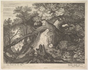 En mann som holder en stav og sitter på en trestamme, med to geiter på hver side, surro..., ca. 1600.