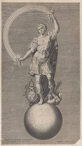 Allegorisk figur av en kriger som står på en jordklode med det pavelige våpenskjold a..., ca. 1588-1629. av Aegidius Sadeler II