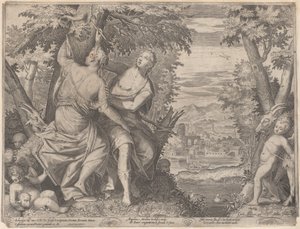 Angelica og Medoro, de står ved siden av en bekk mens Medoro skjærer ut navnene deres i en tr..., 1590-98.