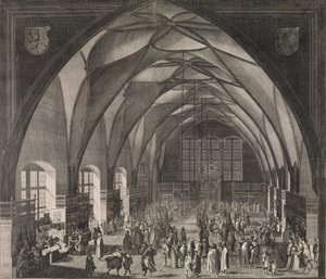 Innvendig utsikt over Vladislav Hall ved Praha slott under den årlige messen, 1607., 1607.