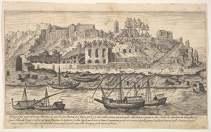 Plate 21: utsikt fra vest av ruinene av Aventine-høyden, Roma, med båter på elven ..., 1606.