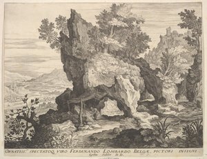 Steinete landskap med St. Jerome. av Aegidius Sadeler II