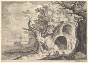 Ødelagt akvedukt med vann som renner fra den til en bekk nedenfor, skip til sjøs bortenfor, en ..., ca. 1600.