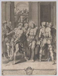 The Flagelation of Christ, med floggers på hver side og skikkelser som ser på fra en balkong..., 1593.