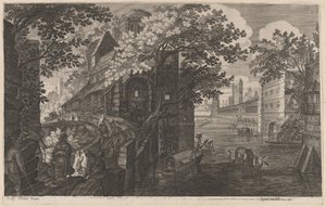 Gondoler på en elv ved et palass