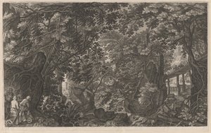 Jegere i en skog nær en trebro