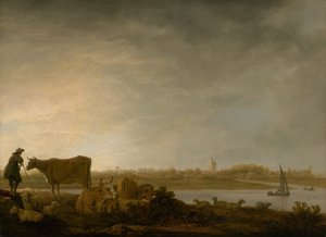 En utsikt over Vianen med en gjeter og storfe ved en elv, ca. 164345. av Aelbert Cuyp